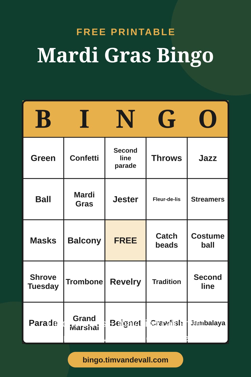 Sample free printable Mardi Gras Bingo card with a 5x5 grid and B-I-N-G-O header