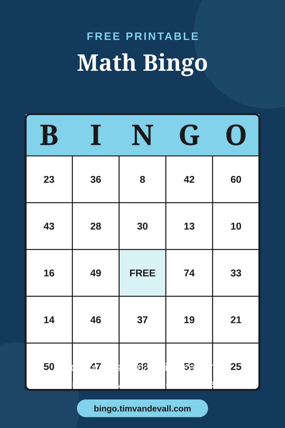 Sample free printable Math Bingo card with a 5x5 grid and B-I-N-G-O header