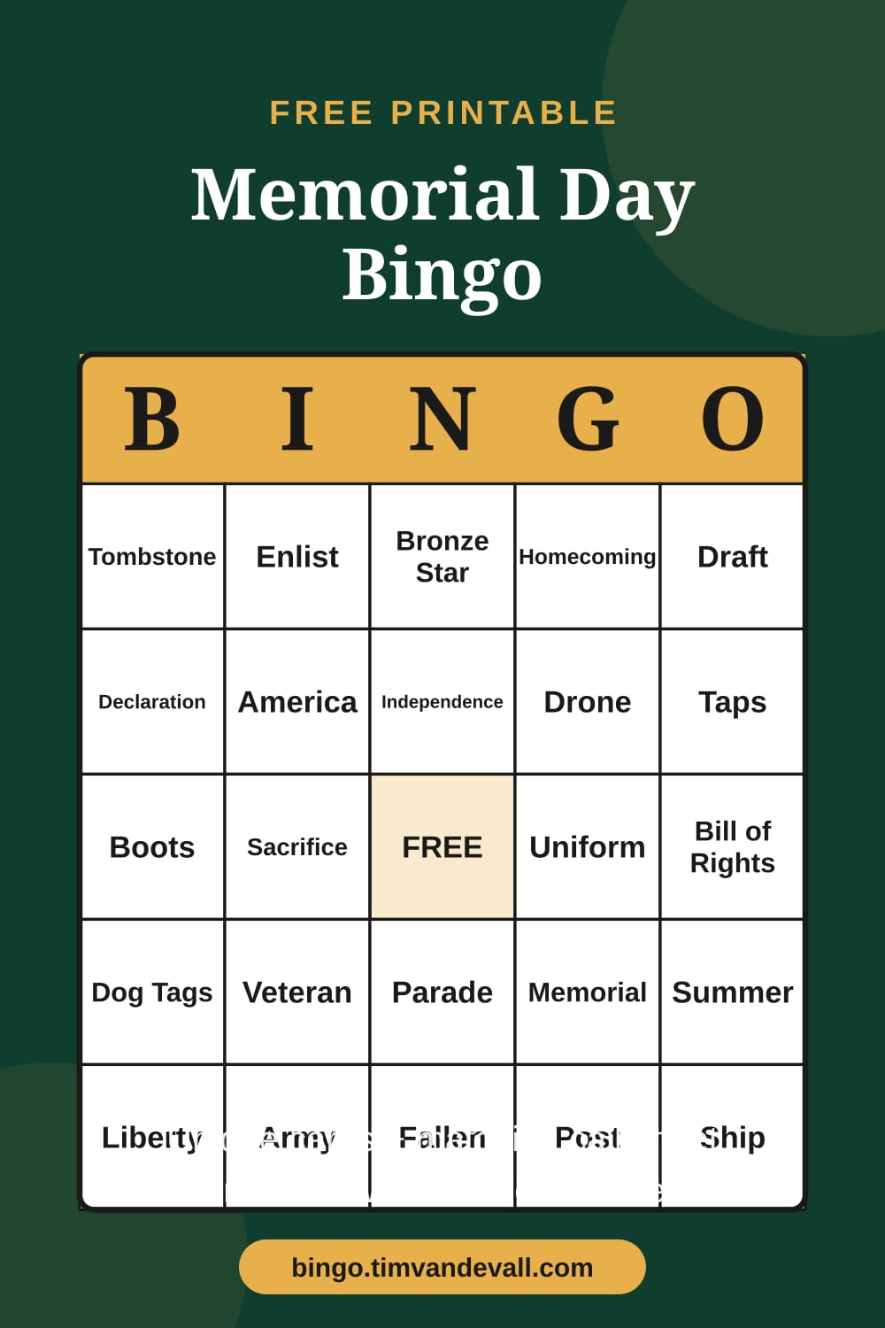 Sample free printable Memorial Day Bingo card with a 5x5 grid and B-I-N-G-O header