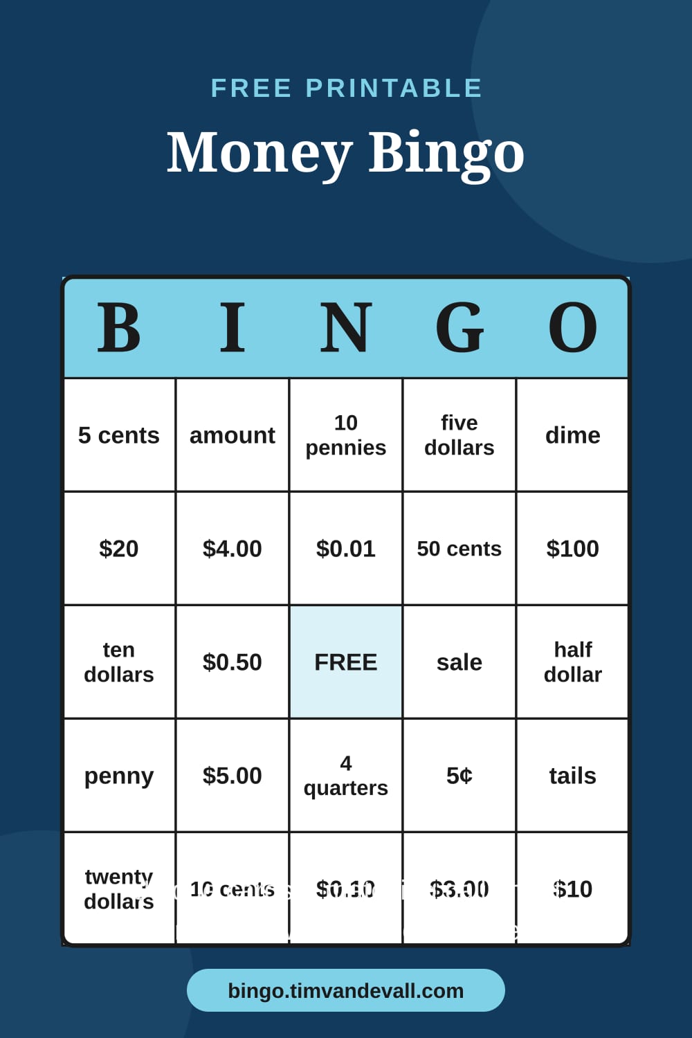 Sample free printable Money Bingo card with a 5x5 grid and B-I-N-G-O header