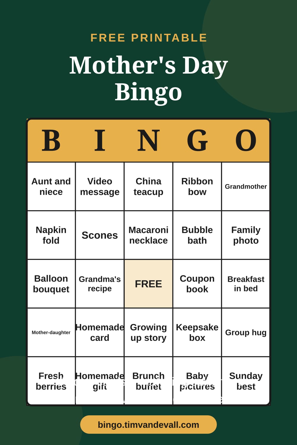 Sample free printable Mother's Day Bingo card with a 5x5 grid and B-I-N-G-O header