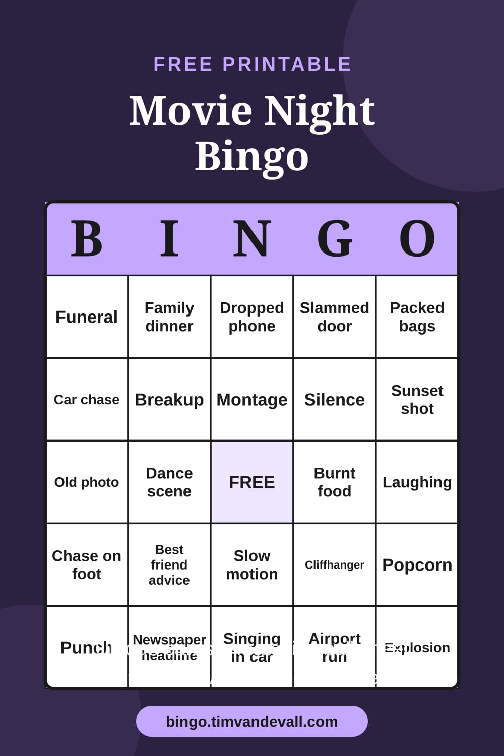 Sample free printable Movie Night Bingo card with a 5x5 grid and B-I-N-G-O header