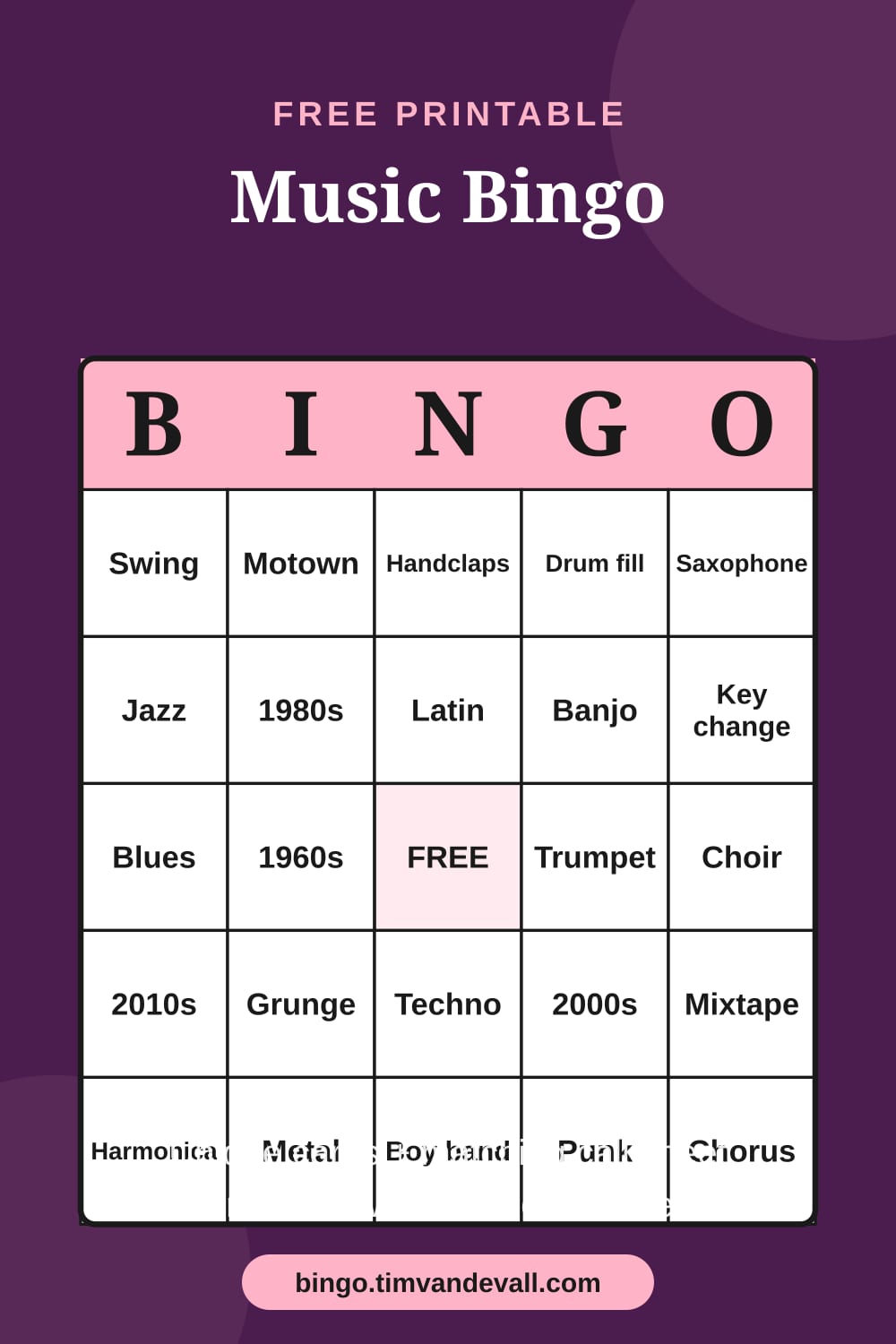 Sample free printable Music Bingo card with a 5x5 grid and B-I-N-G-O header
