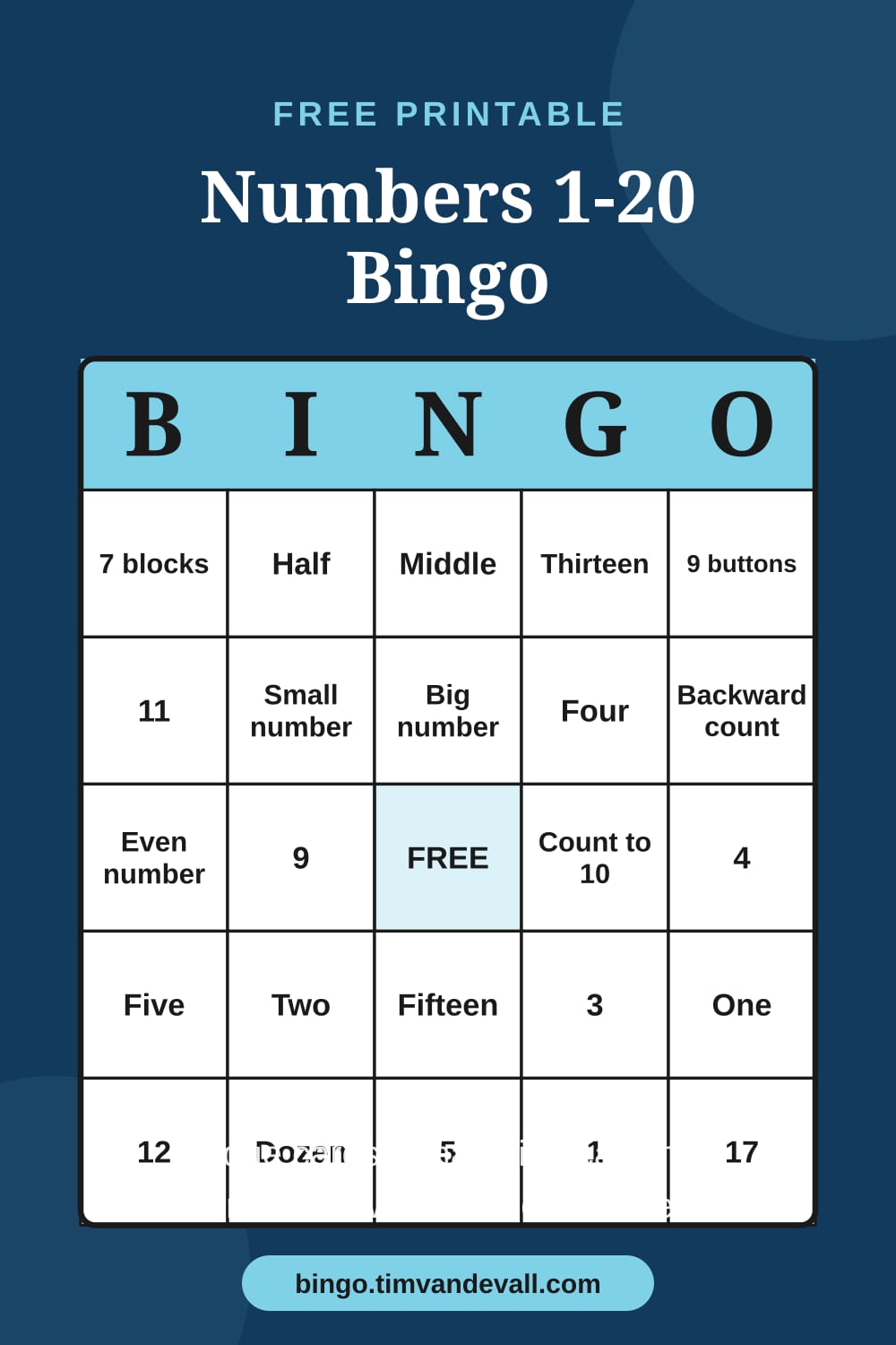 Sample free printable Numbers 1-20 Bingo card with a 5x5 grid and B-I-N-G-O header
