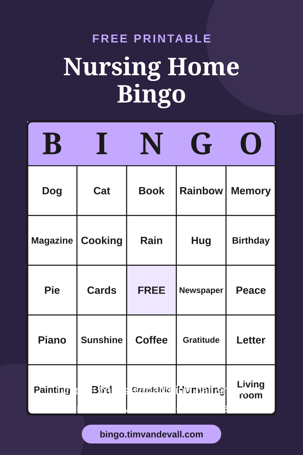 Sample free printable Nursing Home Bingo card with a 5x5 grid and B-I-N-G-O header