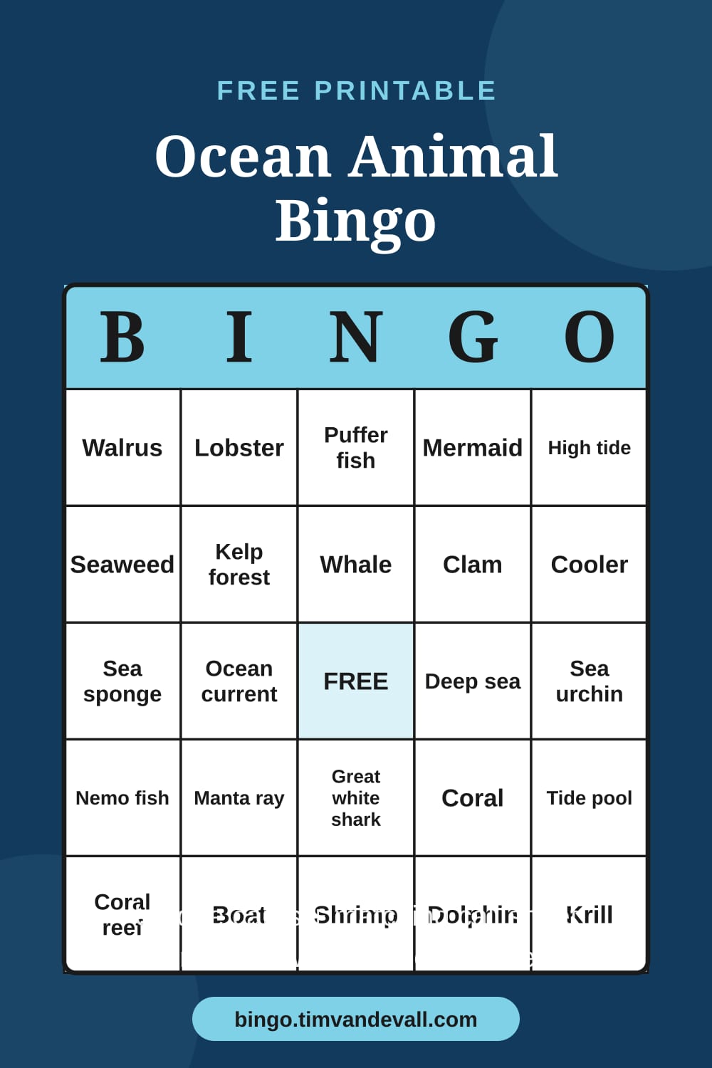 Sample free printable Ocean Animal Bingo card with a 5x5 grid and B-I-N-G-O header