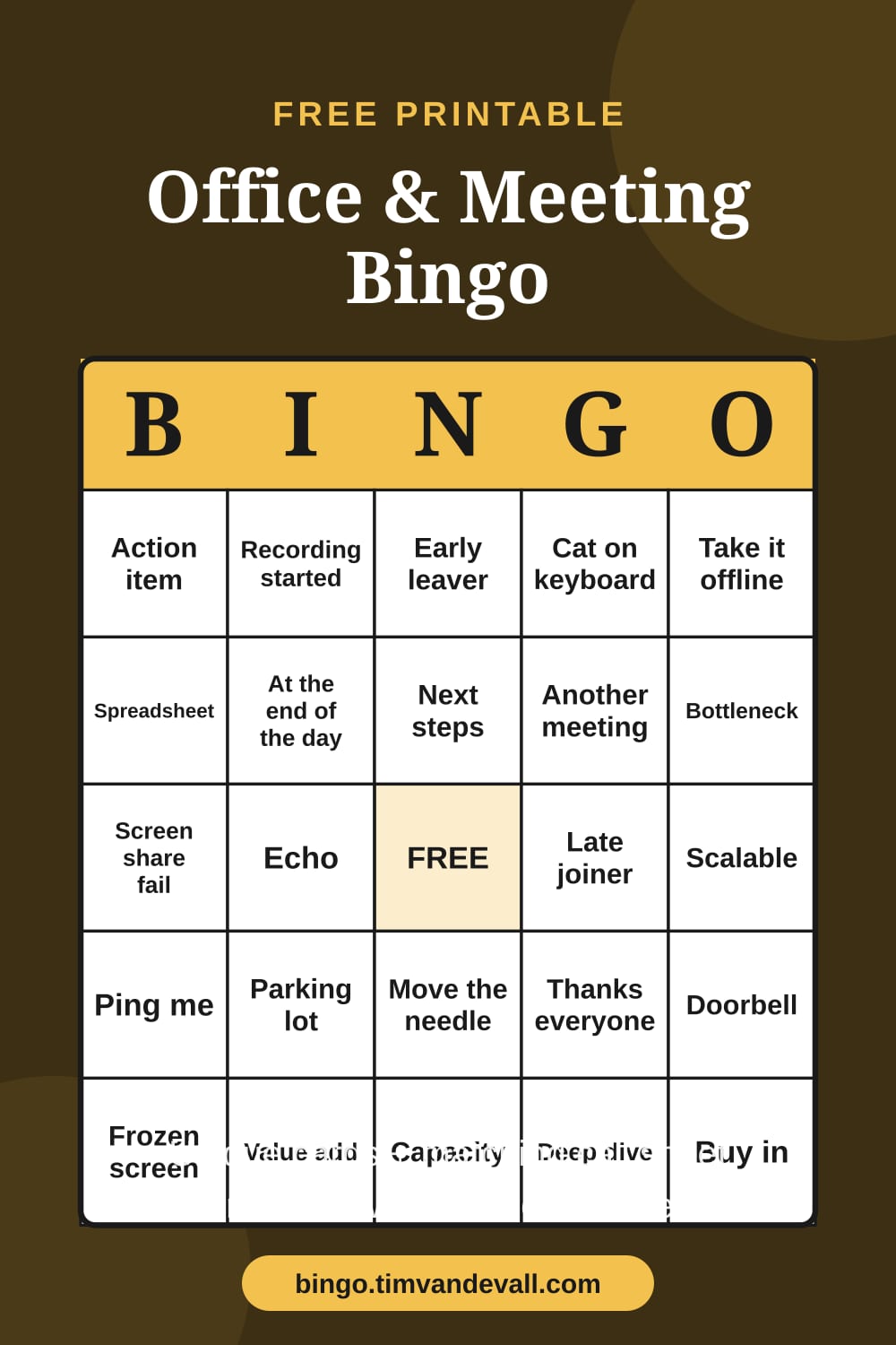 Sample free printable Office & Meeting Bingo card with a 5x5 grid and B-I-N-G-O header