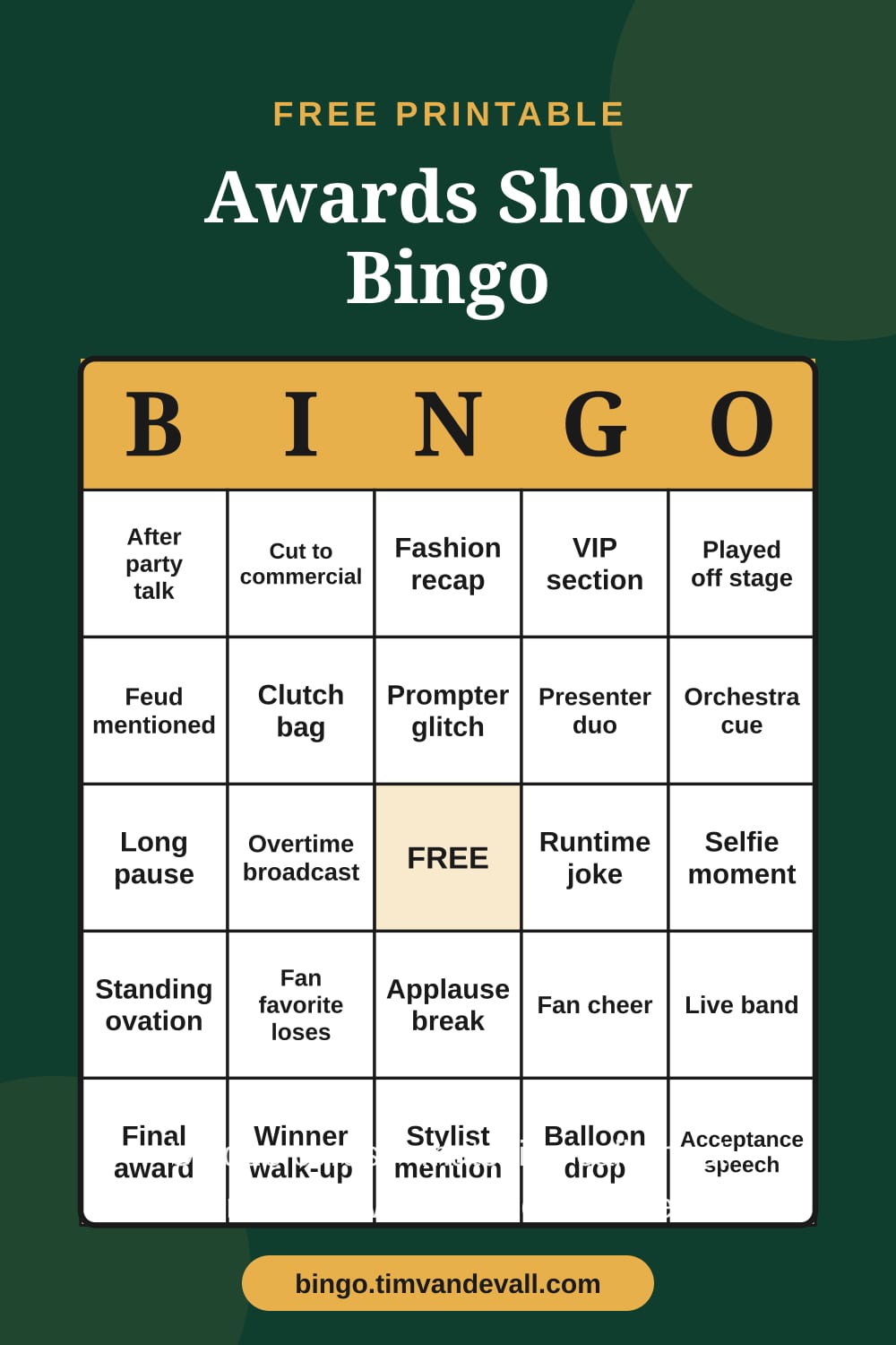 Sample free printable Awards Show Bingo card with a 5x5 grid and B-I-N-G-O header