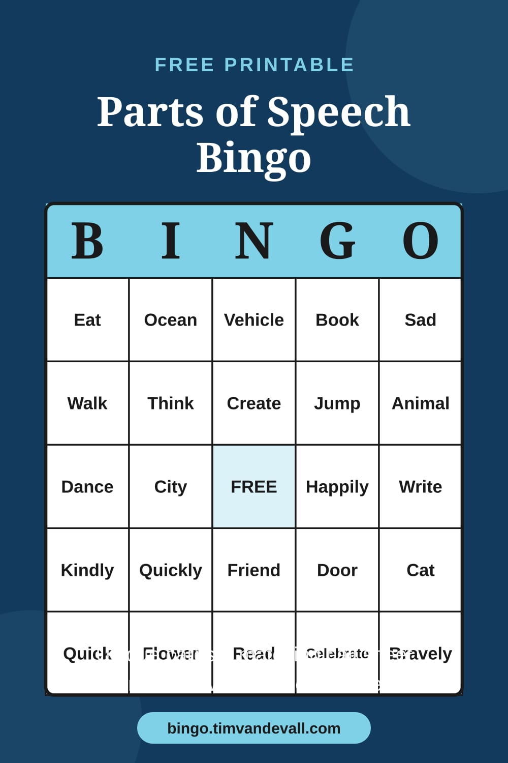 Sample free printable Parts of Speech Bingo card with a 5x5 grid and B-I-N-G-O header
