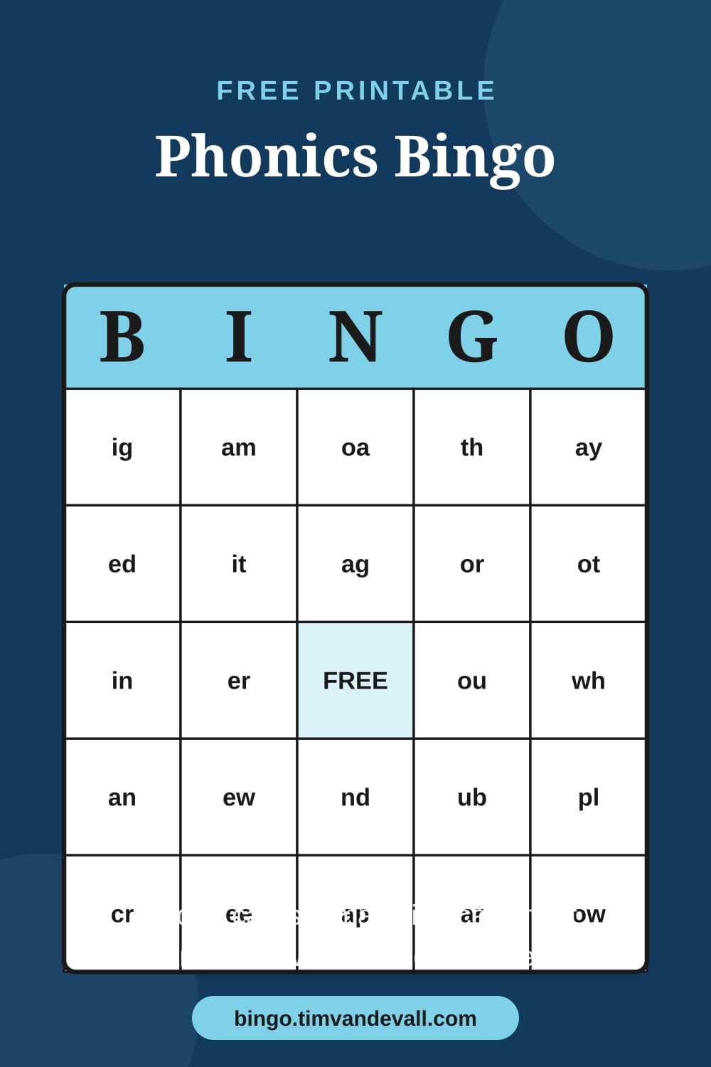 Sample free printable Phonics Bingo card with a 5x5 grid and B-I-N-G-O header