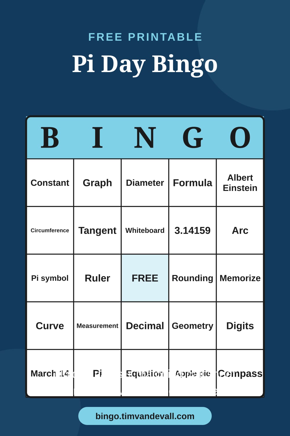 Sample free printable Pi Day Bingo card with a 5x5 grid and B-I-N-G-O header