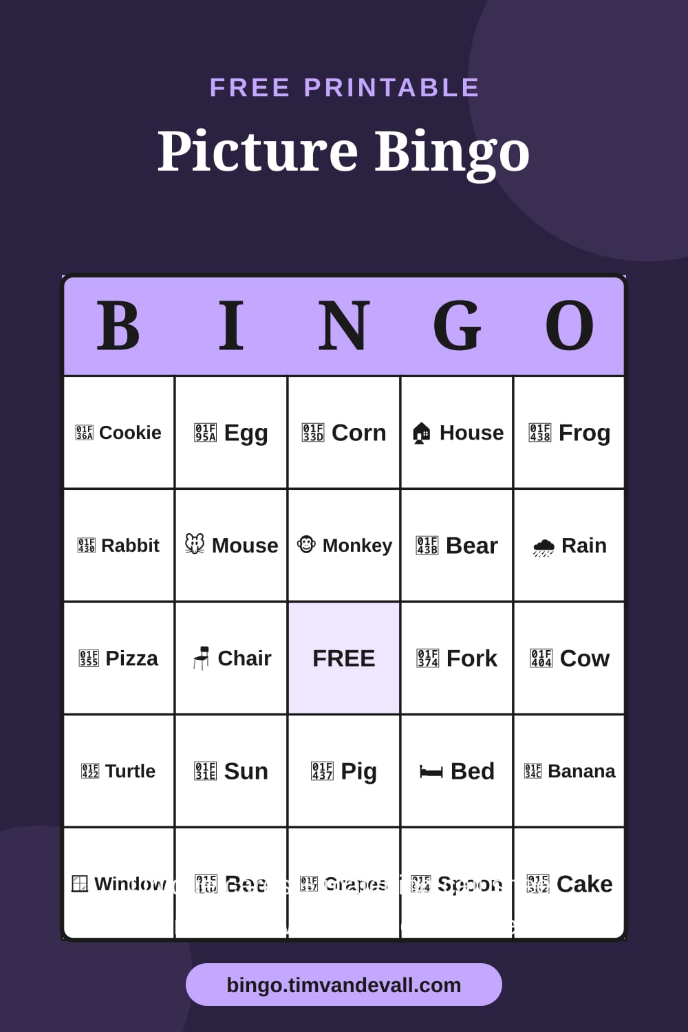 Sample free printable Picture Bingo card with a 5x5 grid and B-I-N-G-O header