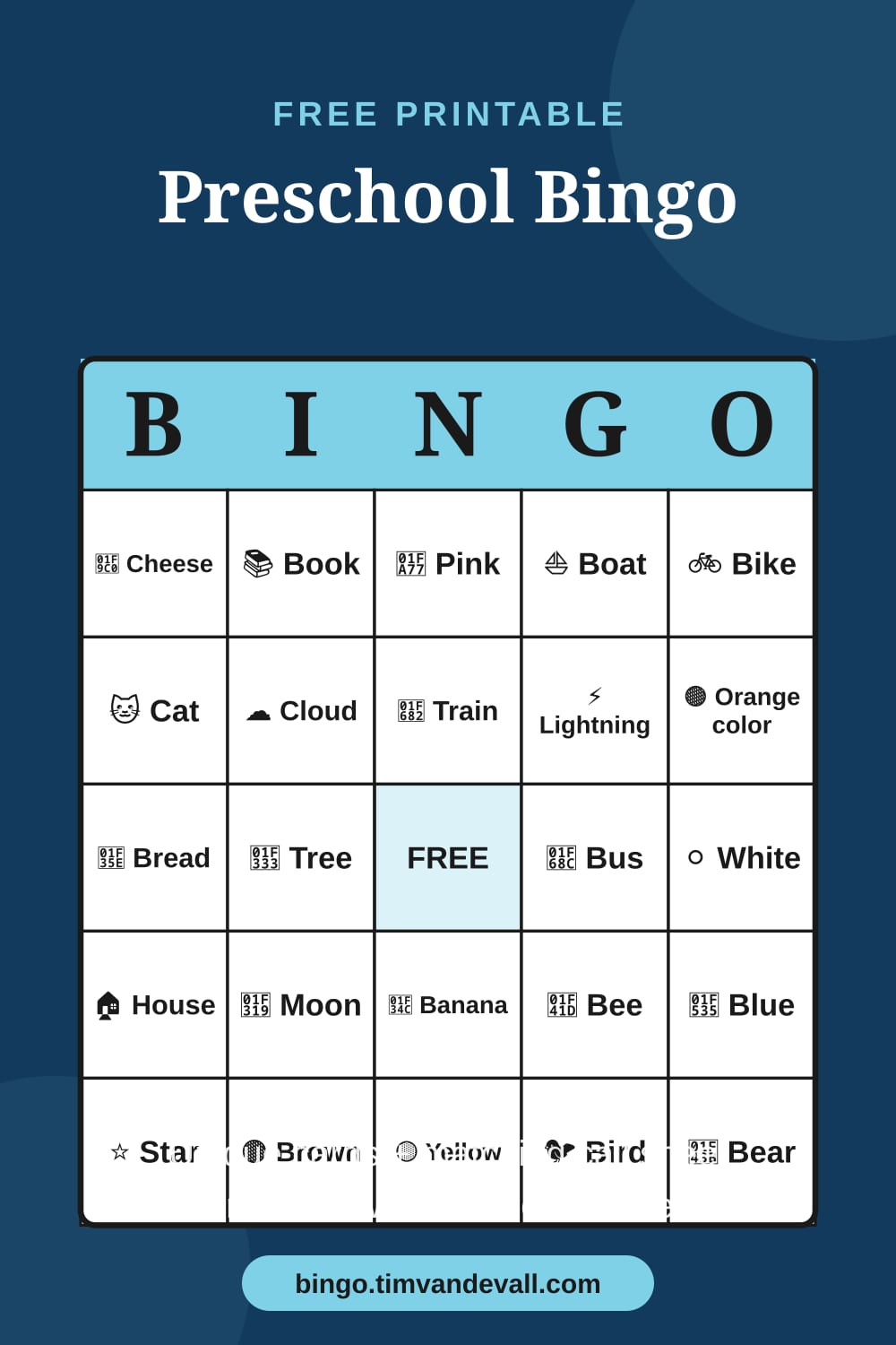 Sample free printable Preschool Bingo card with a 5x5 grid and B-I-N-G-O header