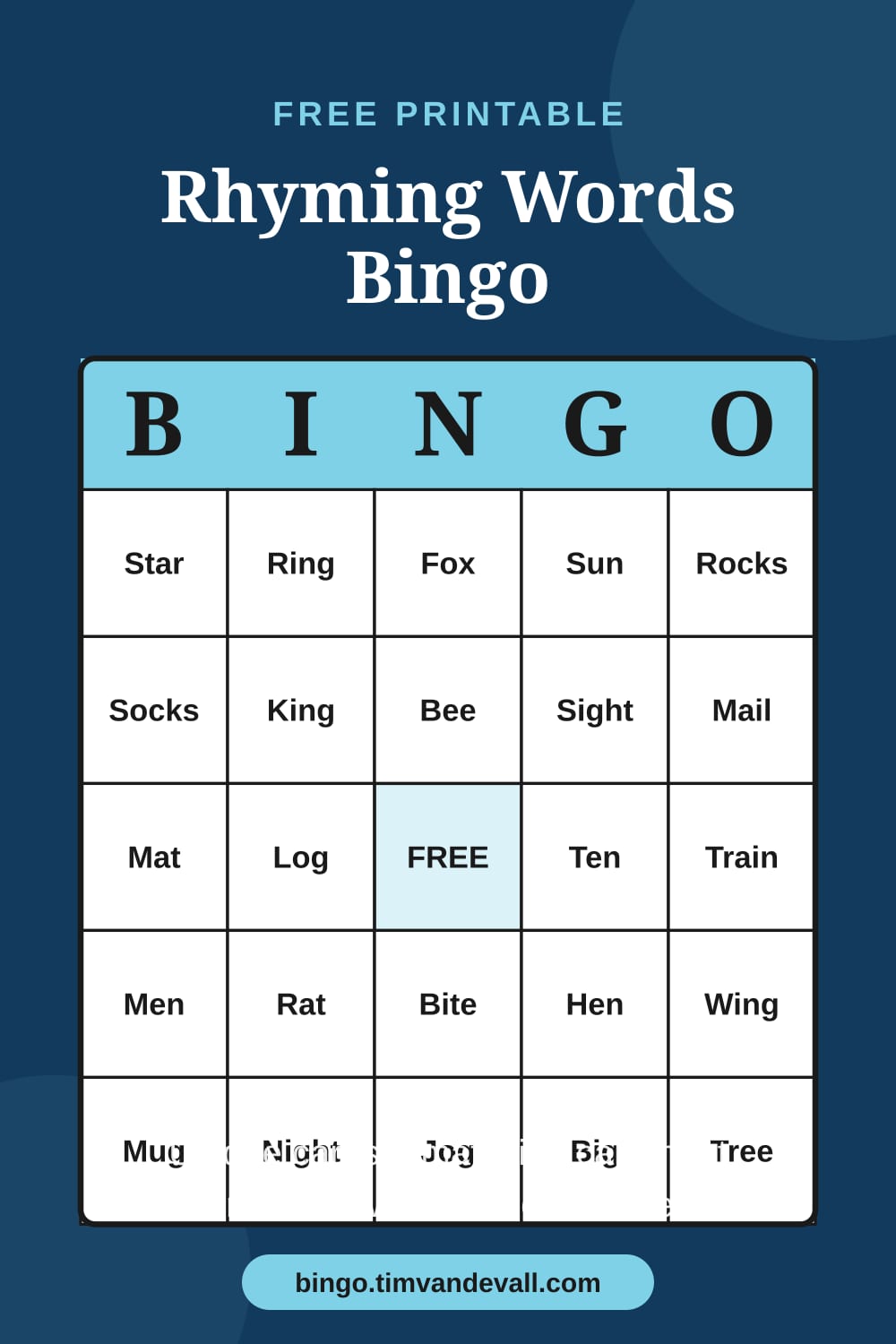 Sample free printable Rhyming Words Bingo card with a 5x5 grid and B-I-N-G-O header