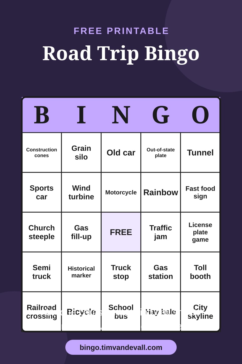 Sample free printable Road Trip Bingo card with a 5x5 grid and B-I-N-G-O header