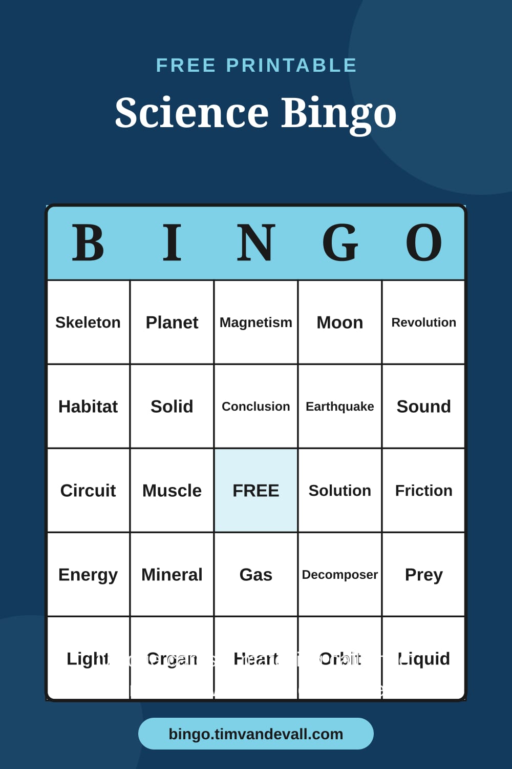 Sample free printable Science Bingo card with a 5x5 grid and B-I-N-G-O header