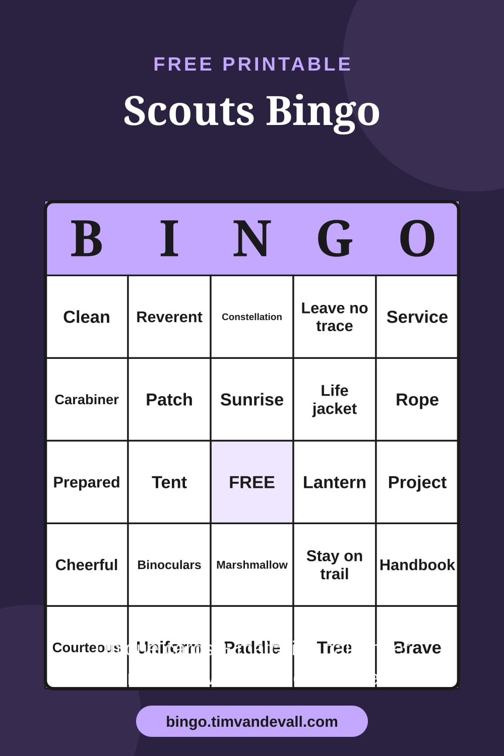 Sample free printable Scouts Bingo card with a 5x5 grid and B-I-N-G-O header