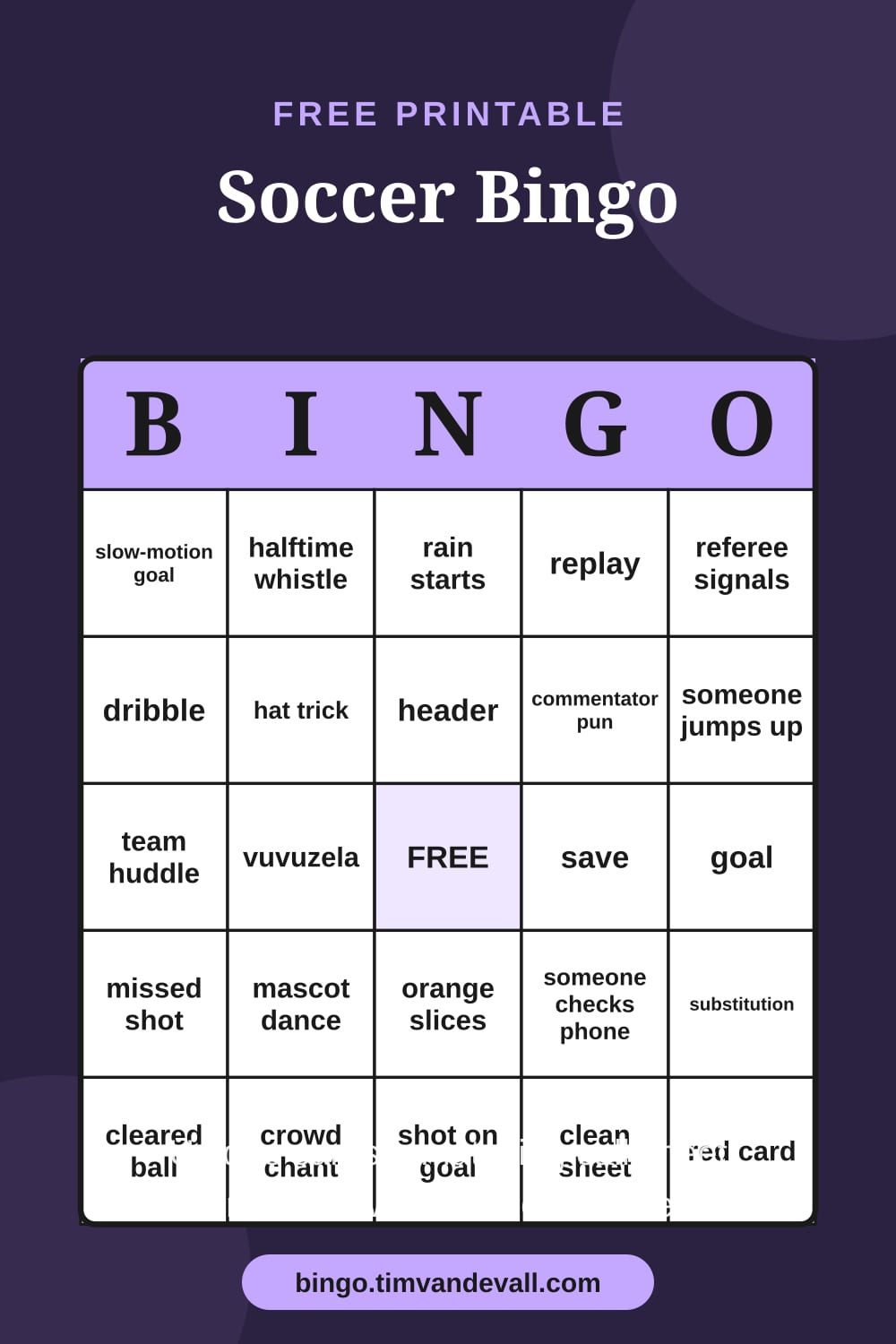 Sample free printable Soccer Bingo card with a 5x5 grid and B-I-N-G-O header