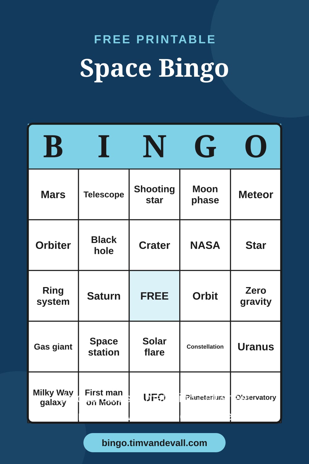 Sample free printable Space Bingo card with a 5x5 grid and B-I-N-G-O header