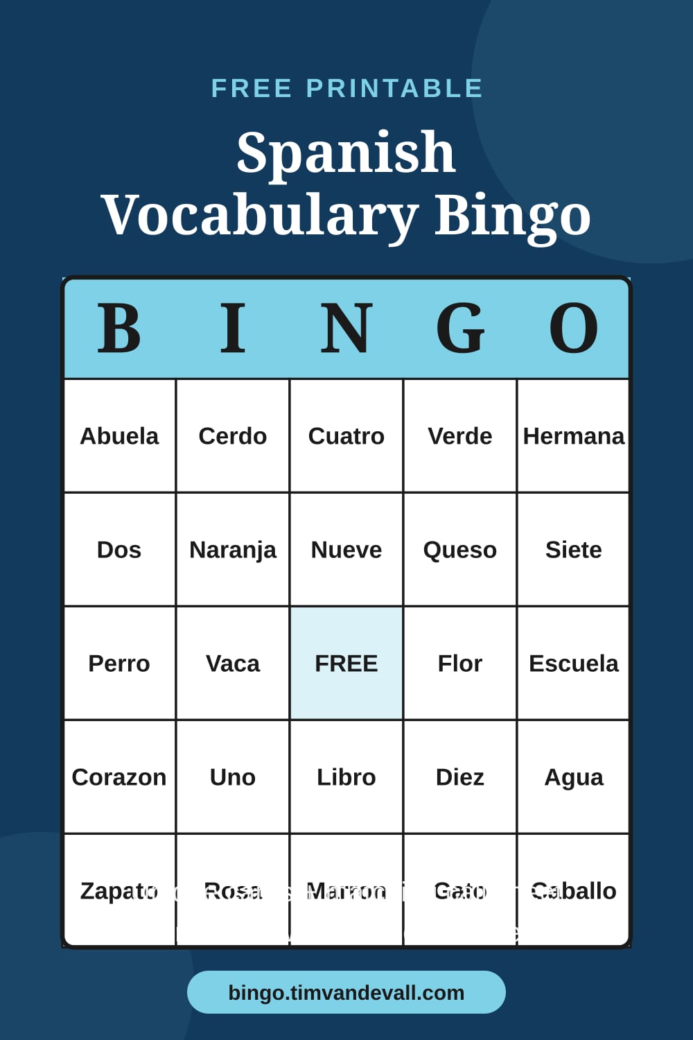 Sample free printable Spanish Bingo card with a 5x5 grid and B-I-N-G-O header
