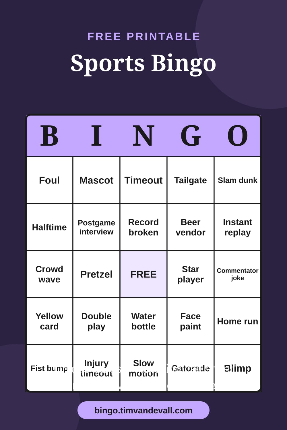 Sample free printable Sports Bingo card with a 5x5 grid and B-I-N-G-O header