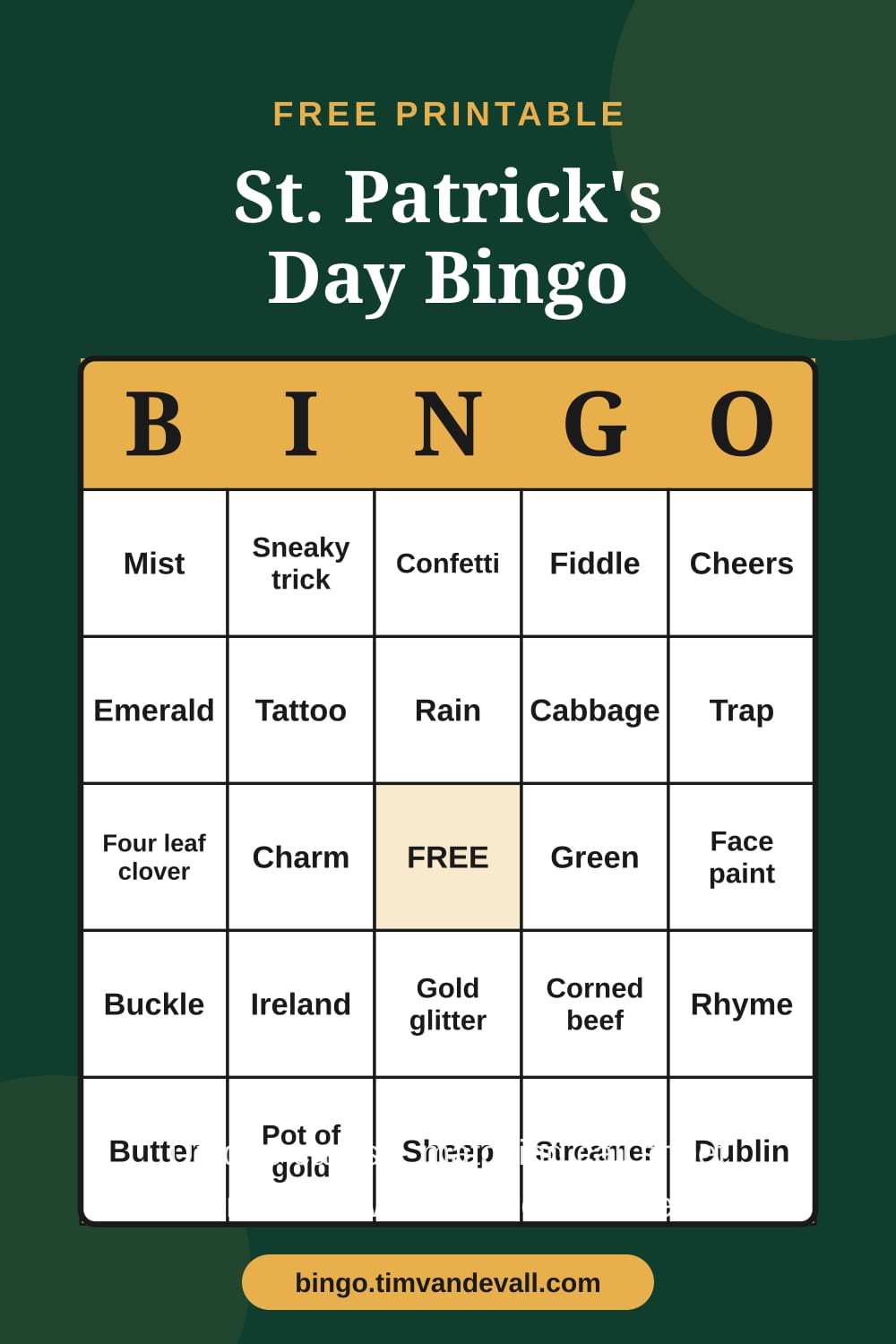Sample free printable St. Patrick's Day Bingo card with a 5x5 grid and B-I-N-G-O header