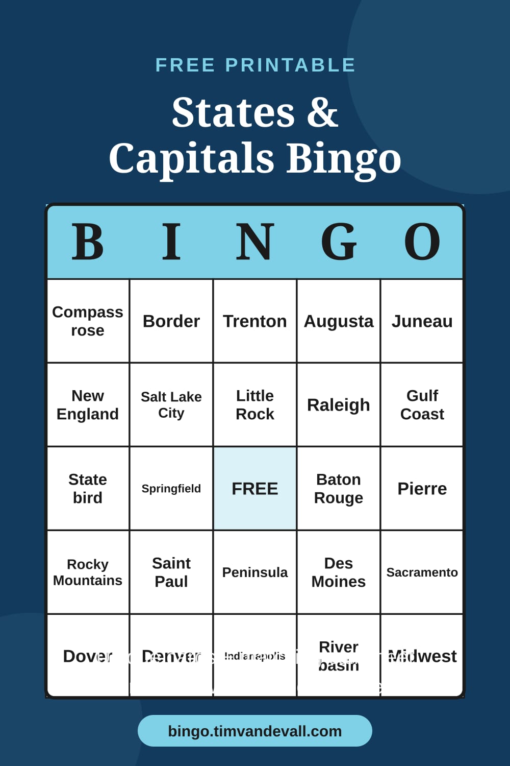 Sample free printable States and Capitals Bingo card with a 5x5 grid and B-I-N-G-O header