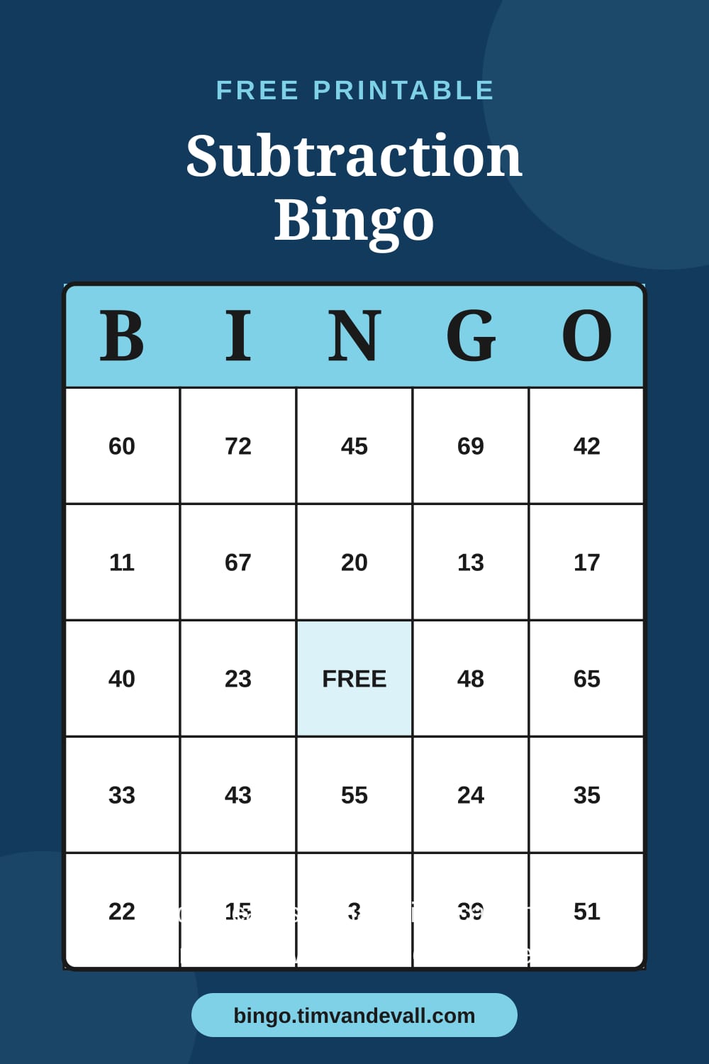 Sample free printable Subtraction Bingo card with a 5x5 grid and B-I-N-G-O header