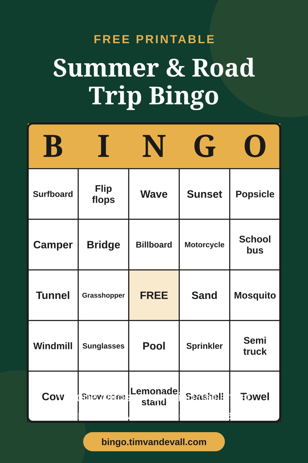 Sample free printable Summer & Road Trip Bingo card with a 5x5 grid and B-I-N-G-O header