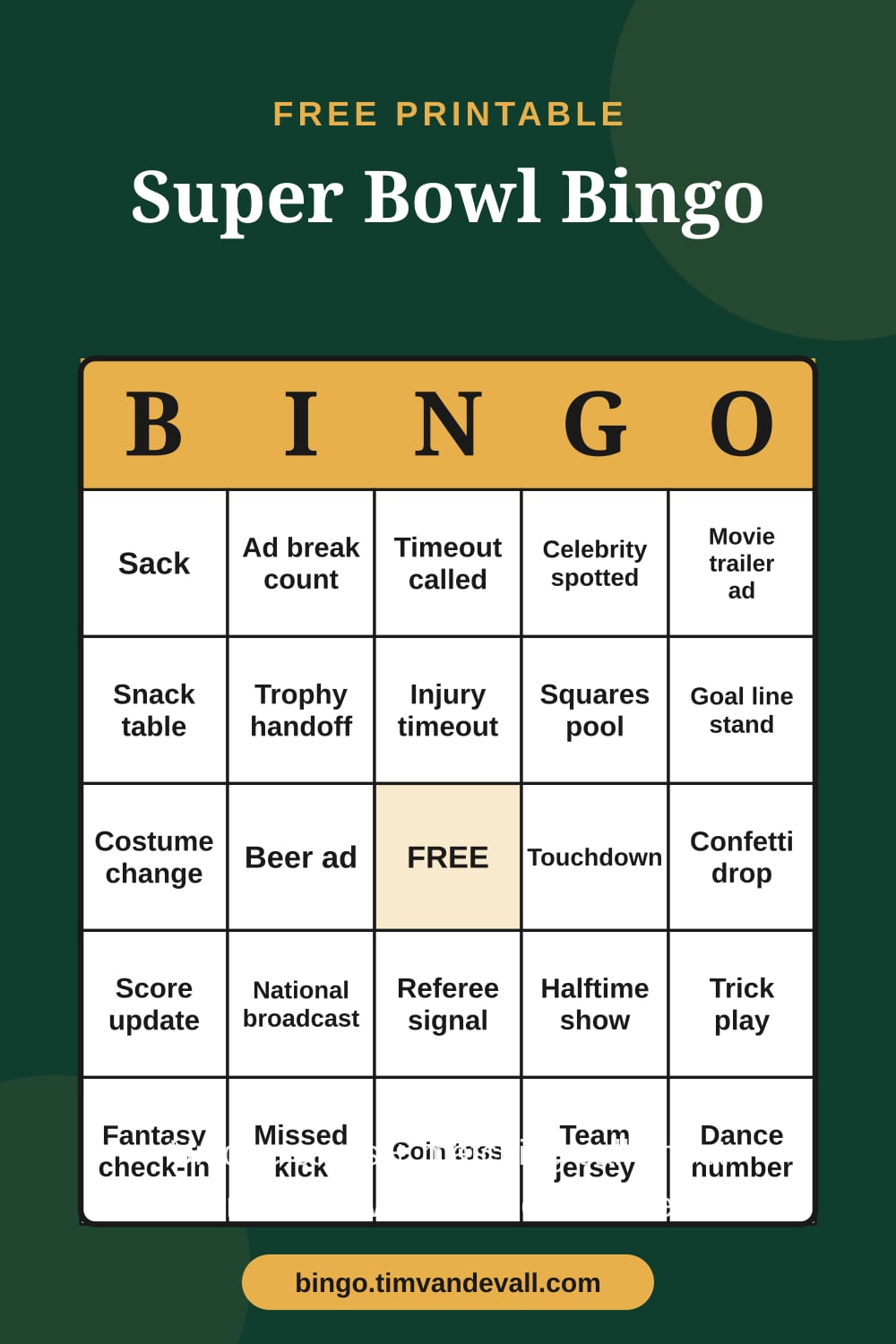 Sample free printable Super Bowl Bingo card with a 5x5 grid and B-I-N-G-O header