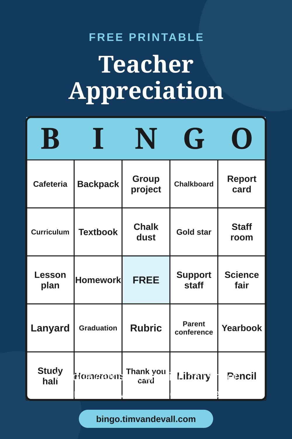 Sample free printable Teacher Appreciation Bingo card with a 5x5 grid and B-I-N-G-O header
