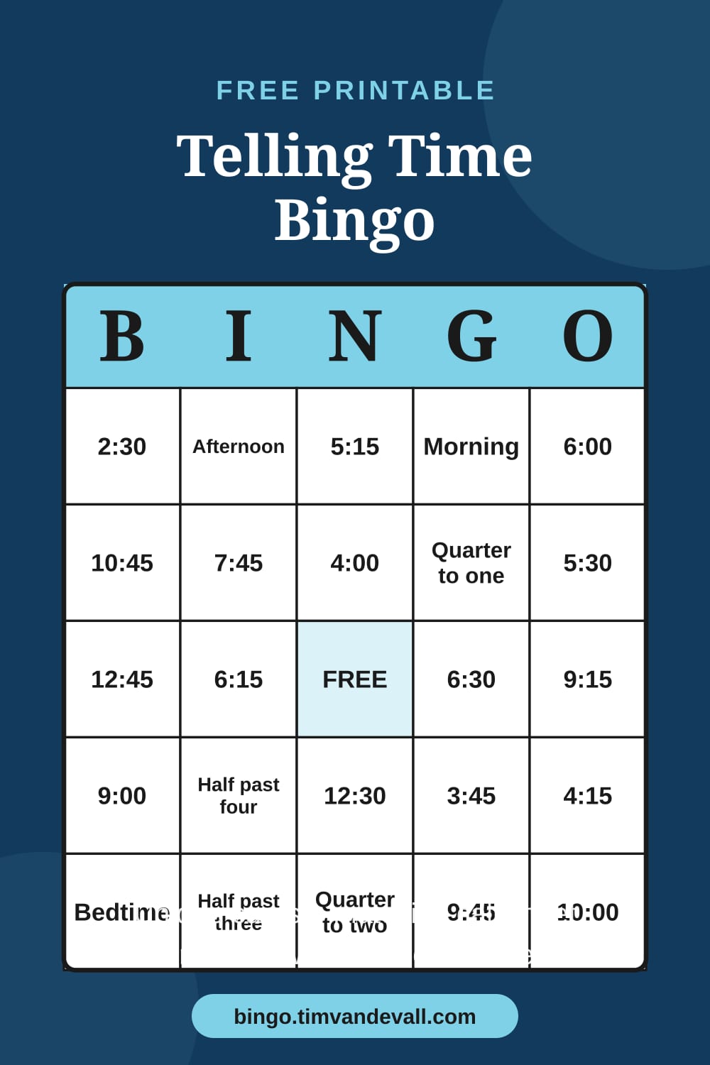 Sample free printable Telling Time Bingo card with a 5x5 grid and B-I-N-G-O header