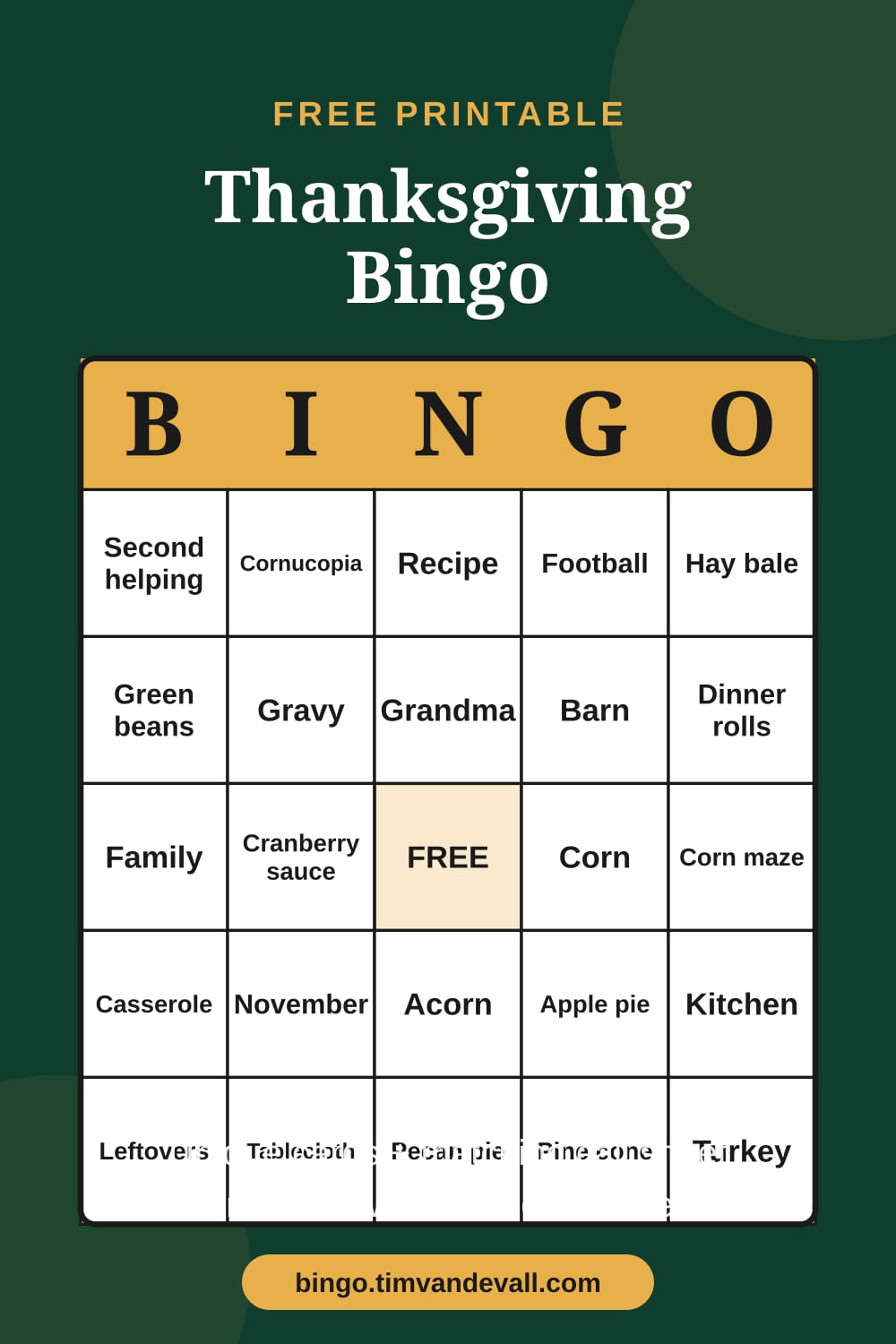 Sample free printable Thanksgiving Bingo card with a 5x5 grid and B-I-N-G-O header