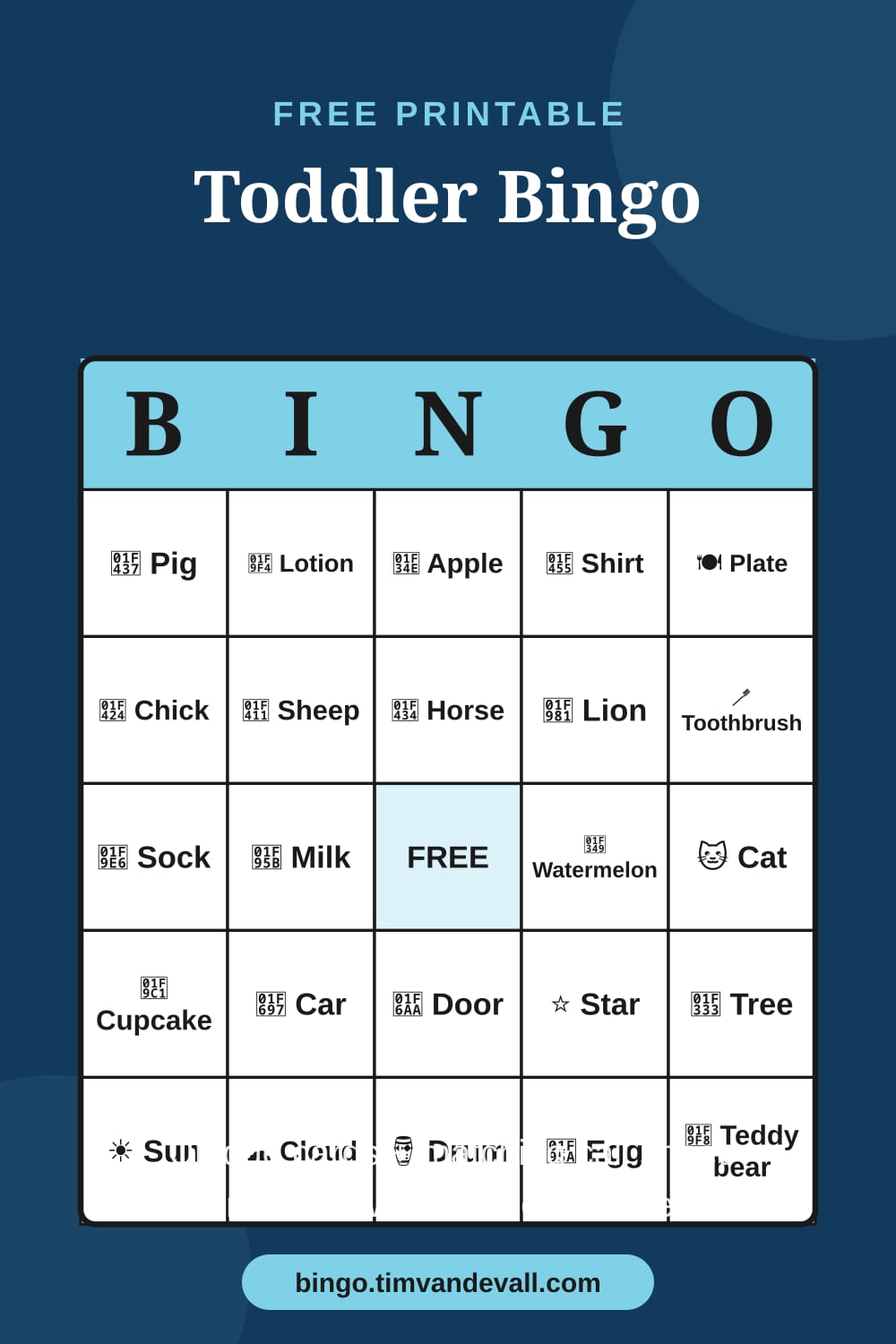 Sample free printable Toddler Bingo card with a 5x5 grid and B-I-N-G-O header