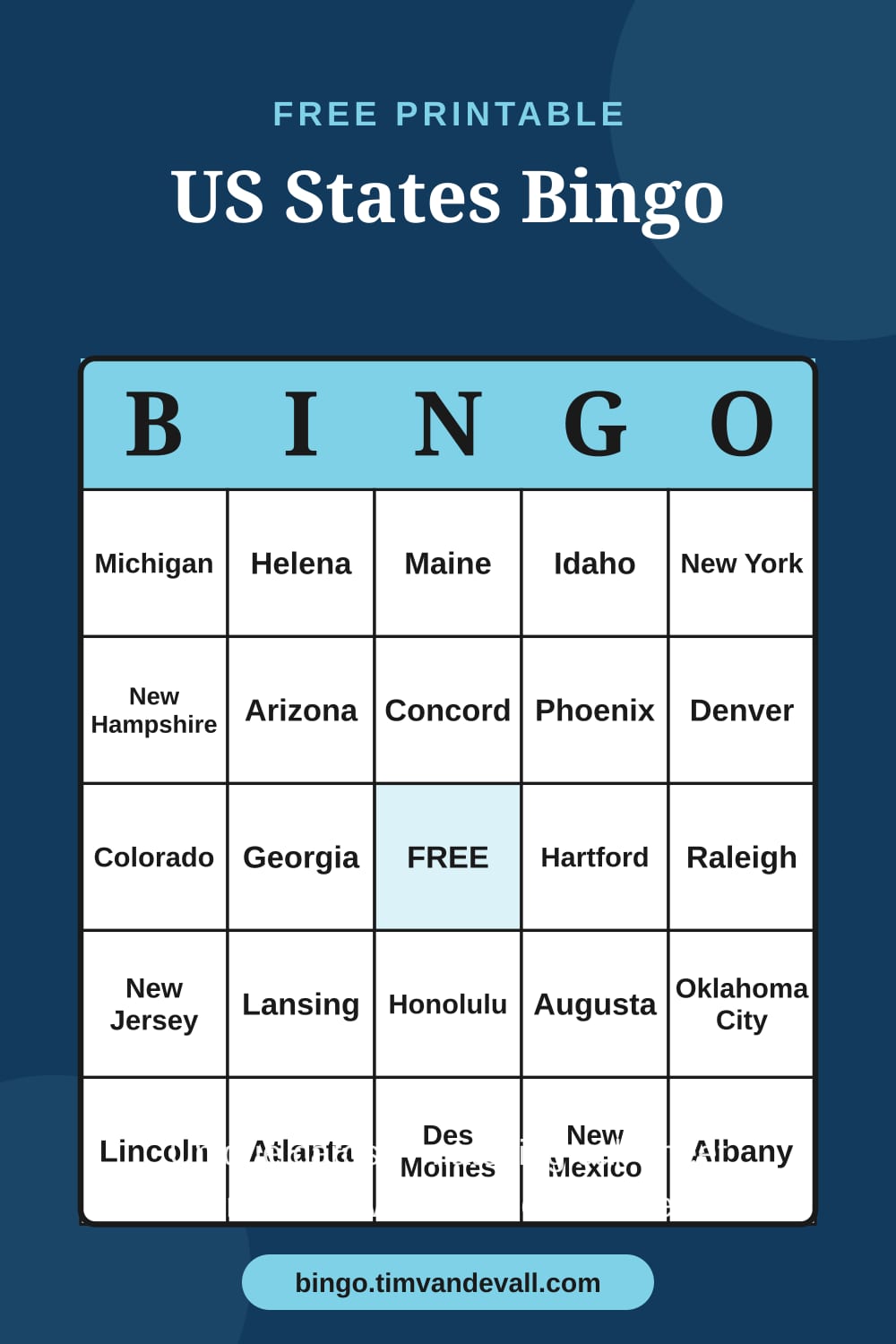 Sample free printable US States Bingo card with a 5x5 grid and B-I-N-G-O header