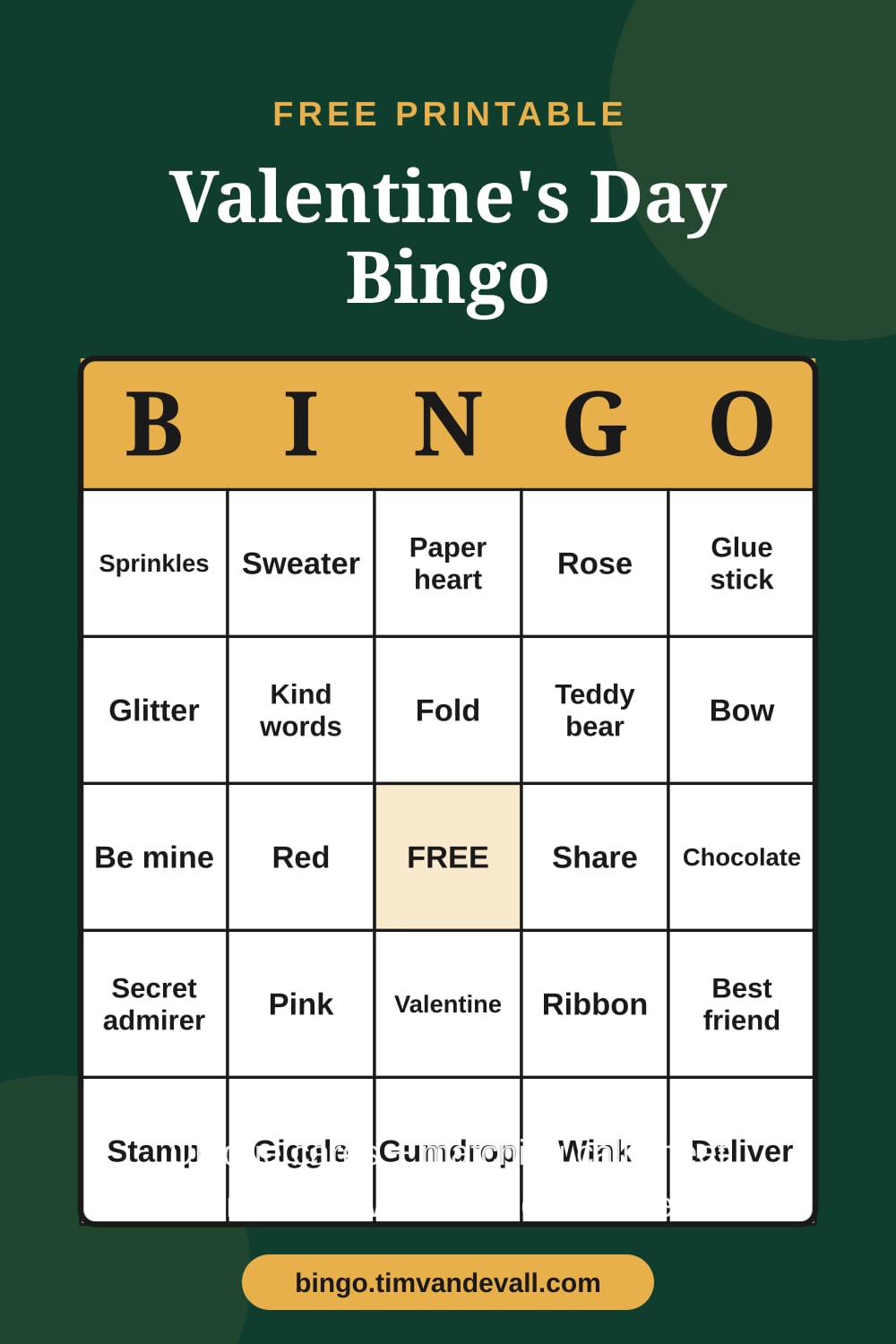 Sample free printable Valentine's Day Bingo card with a 5x5 grid and B-I-N-G-O header
