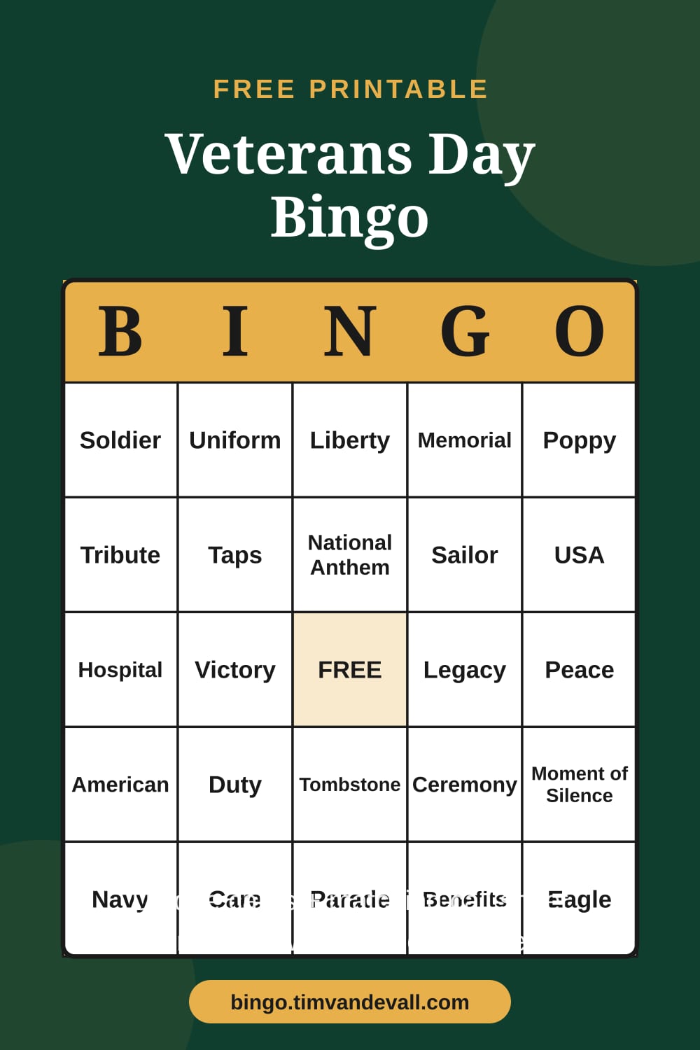 Sample free printable Veterans Day Bingo card with a 5x5 grid and B-I-N-G-O header