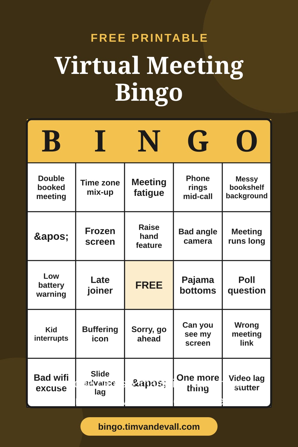 Sample free printable Virtual Meeting Bingo card with a 5x5 grid and B-I-N-G-O header