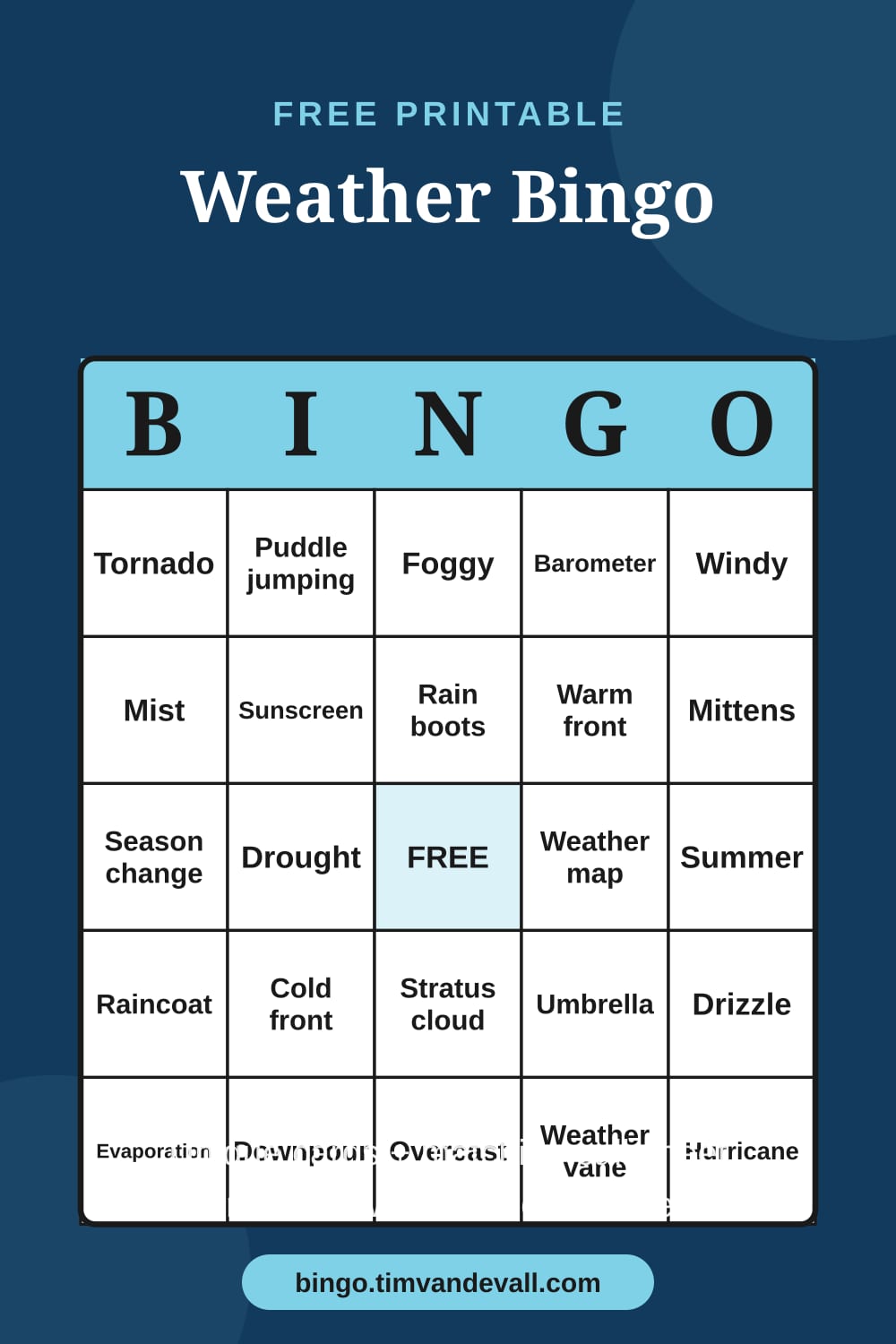 Sample free printable Weather Bingo card with a 5x5 grid and B-I-N-G-O header