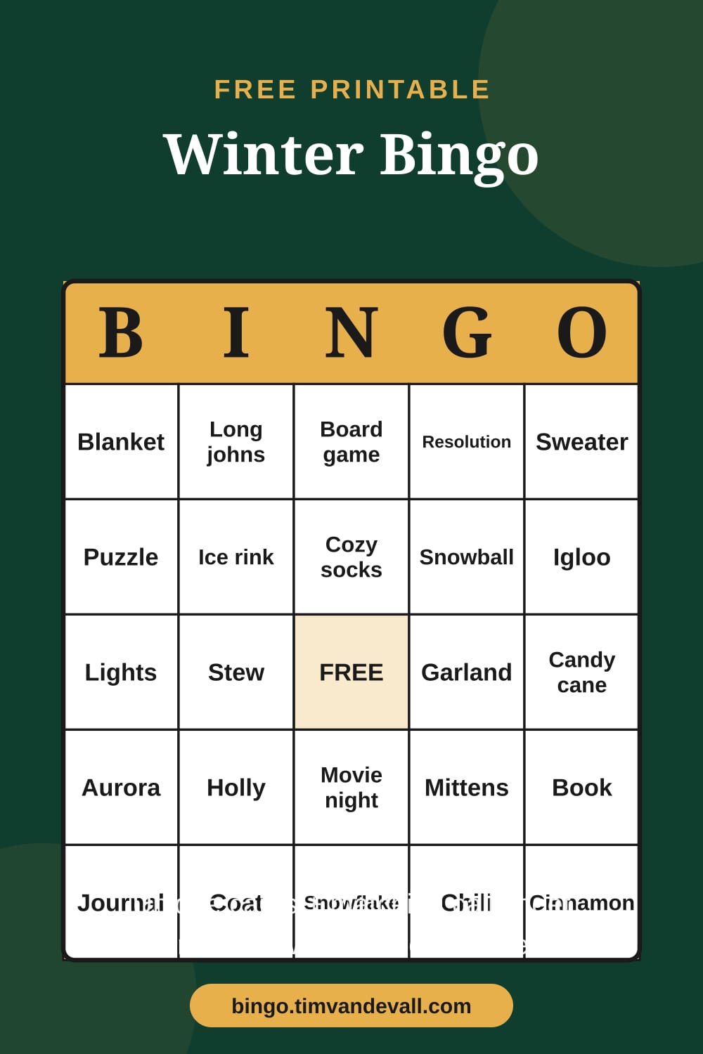 Sample free printable Winter Bingo card with a 5x5 grid and B-I-N-G-O header